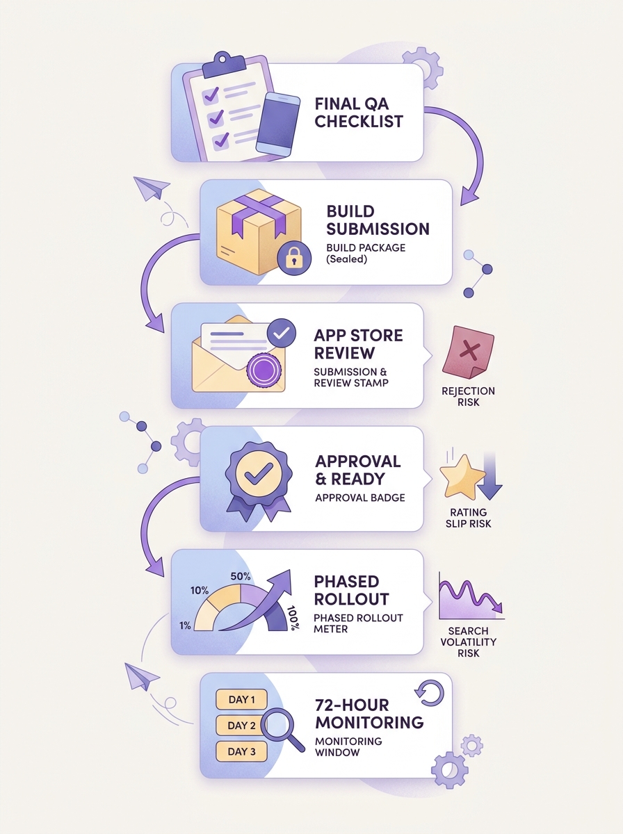 Timeline of an App Store update from QA and submission through review, approval, rollout, and early monitoring.