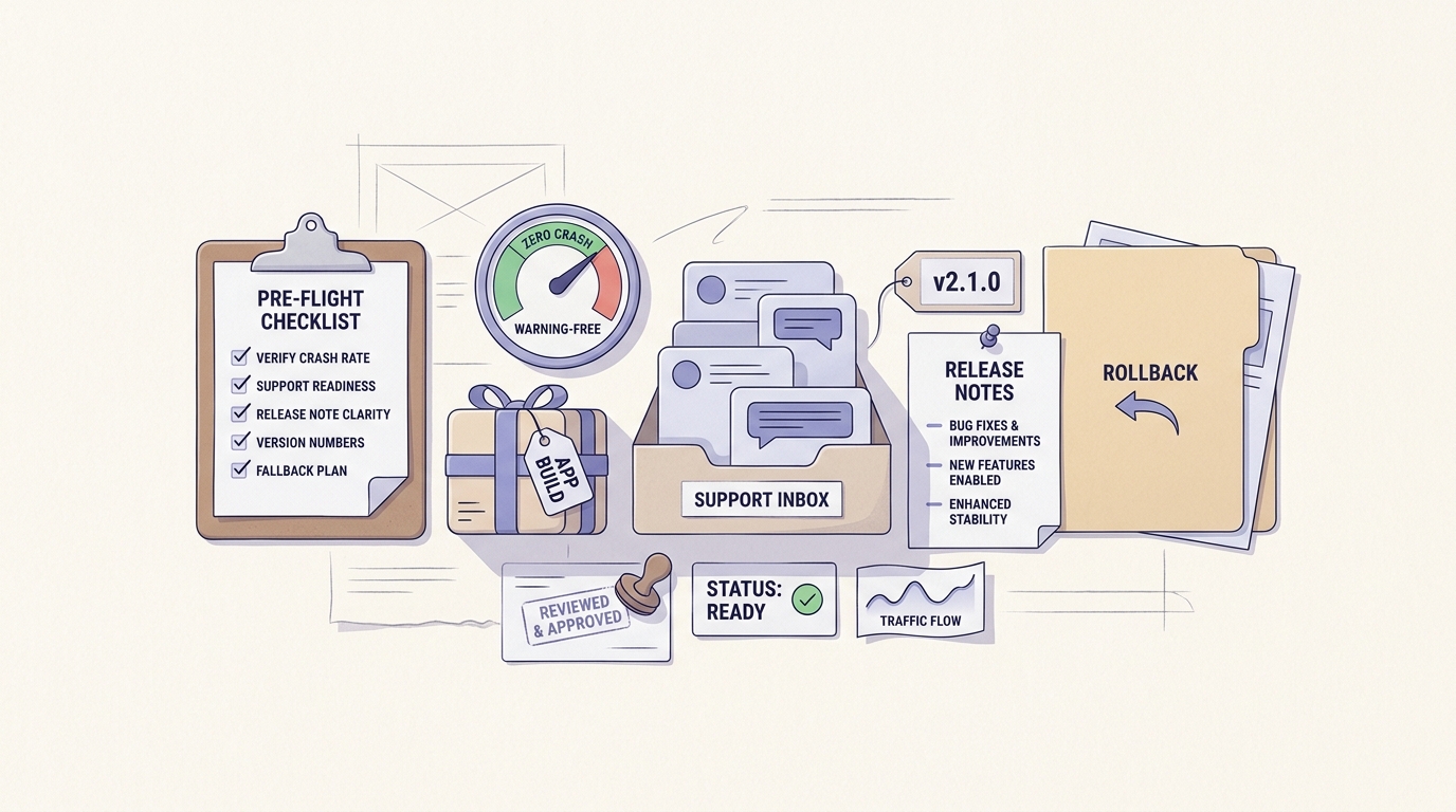Checklist for submitting an App Store update without hurting ratings, reviews, or search position.