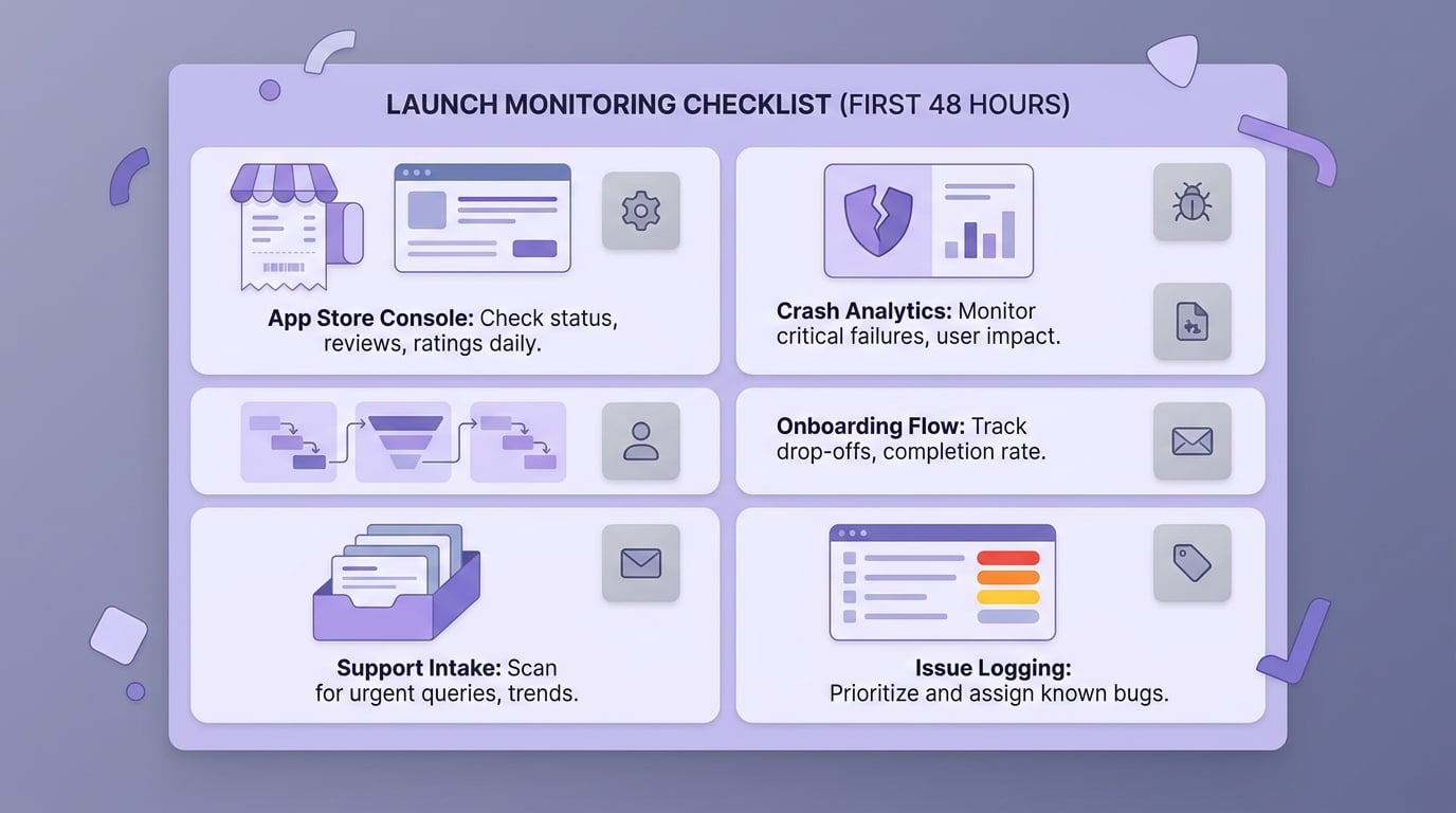 Checklist for monitoring an app launch with store console, crash analytics, onboarding checks, support inbox, and issue logging.