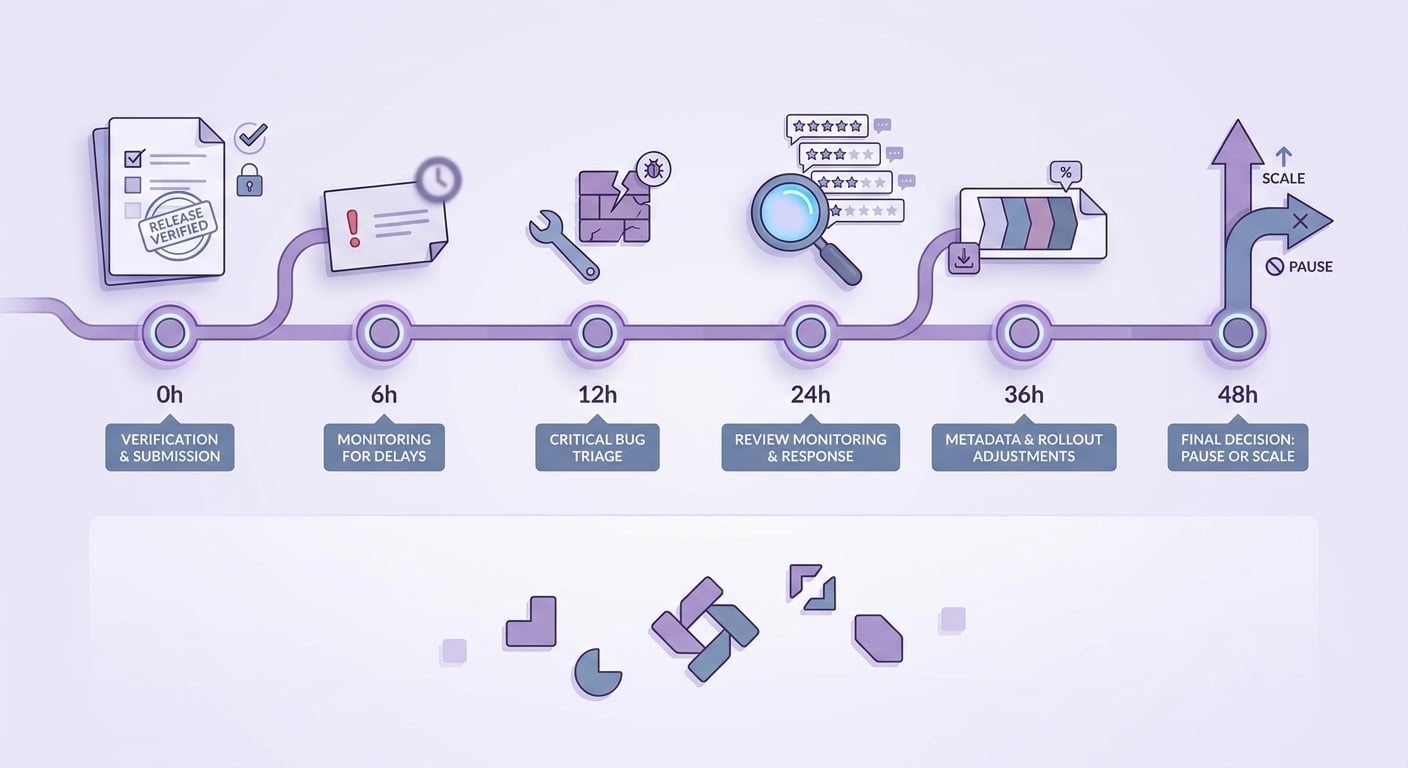 Timeline of actions during the first 48 hours after app launch, from release verification to triage and scale decisions.