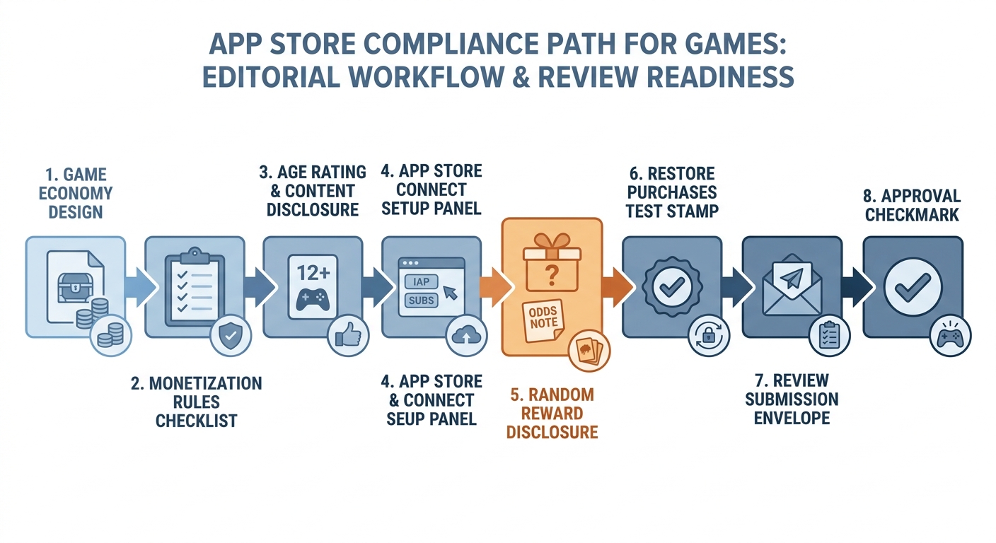 Process diagram for setting up game monetization compliance before App Store submission. Process diagram for setting up game monetization compliance before App Store submission.