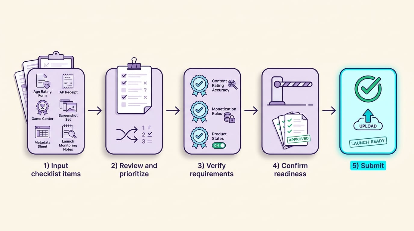 A clean five-step process diagram on a light background showing an execution checklist flow: Input checklist items on the left, then review and prioritize, then verify requirements, then confirm readiness, and finally submit with a green completion check. Each step appears in a labeled rounded box connected by directional arrows, using deep violet outlines, soft lavender fills, and a cyan accent on the final outcome. A clean five-step process diagram on a light background showing an execution checklist flow: Input checklist items on the left, then review and prioritize, then verify requirements, then confirm readiness, and finally submit with a green completion check. Each step appears in a labeled rounded box connected by directional arrows, using deep violet outlines, soft lavender fills, and a cyan accent on the final outcome.