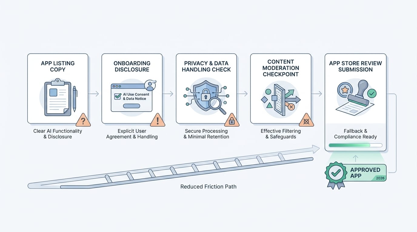 Chronological timeline in emerald and mint showing App Store AI approval risks: Jun 2024 policy tightened around external AI features, Aug 2024 privacy review milestones highlighted data handling, Oct 2024 prompt and content moderation became a rejection hotspot, Jan 2025 on-device processing and labeling requirements increased, Mar 2025 appeal outcomes improved for apps with clear disclosures and fallback behavior.