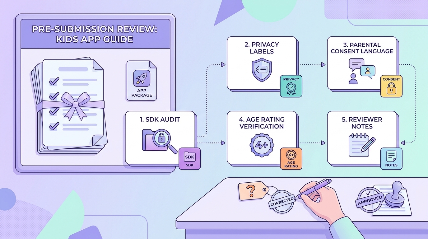 Checklist for pre-submission review of a kids app, including SDK audit, privacy labels, parental consent, and age rating verification.
