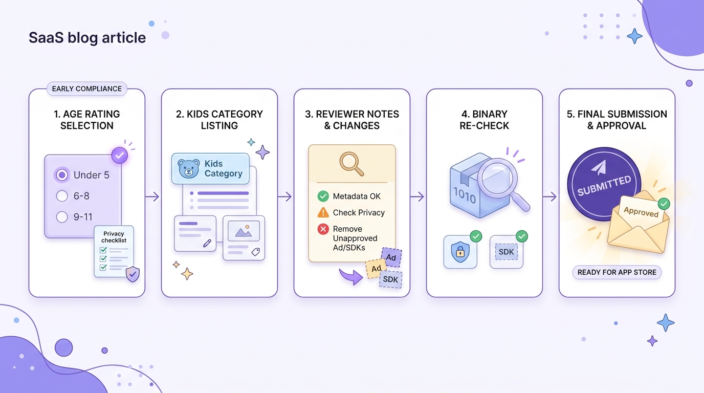 Timeline of the App Store Connect submission workflow for a kids app, from age rating to final review notes.