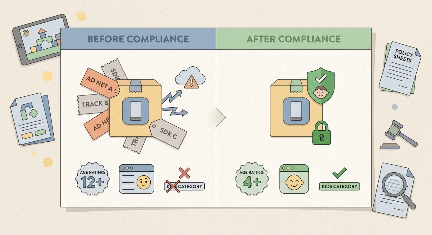 Before-and-after compliance snapshot for a kids app submission, comparing ad SDKs, data collection, age rating, and review readiness.