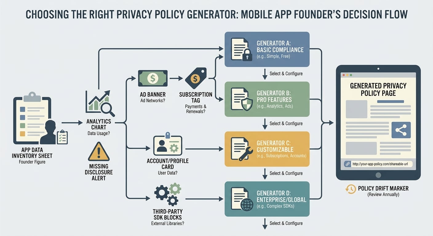 Decision flow for choosing a privacy policy generator based on mobile app data collection and compliance needs.