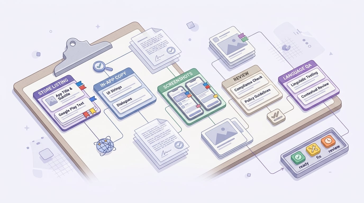 Checklist for localizing app store metadata, in-app strings, screenshots, and review steps before launching in global markets.