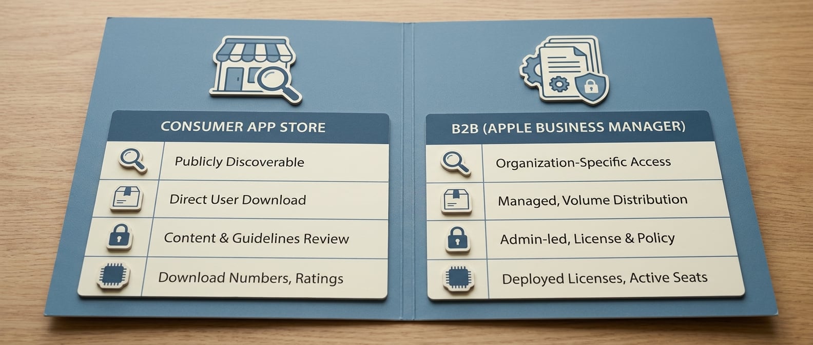 Comparison table contrasting consumer app launches with B2B App Store launches using Apple Business Manager and managed distribution.