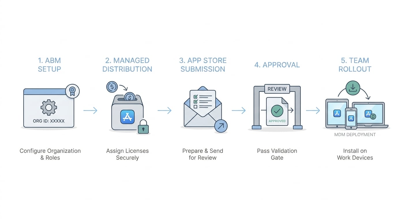 Process diagram for launching a B2B mobile app on the App Store through Apple Business Manager, approval, and team deployment.