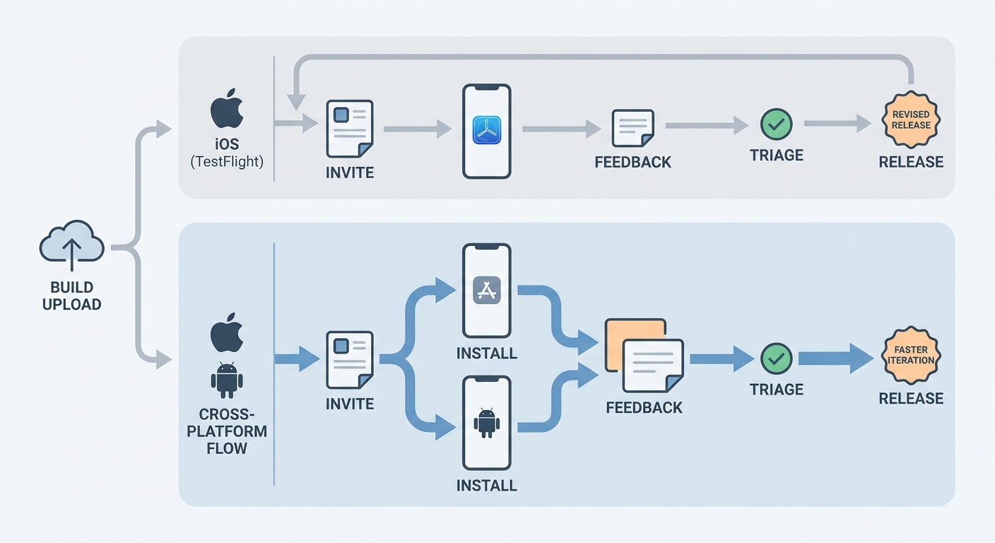 Workflow diagram showing beta build upload, tester invitations, installs, feedback, and updated release for iOS and Android.