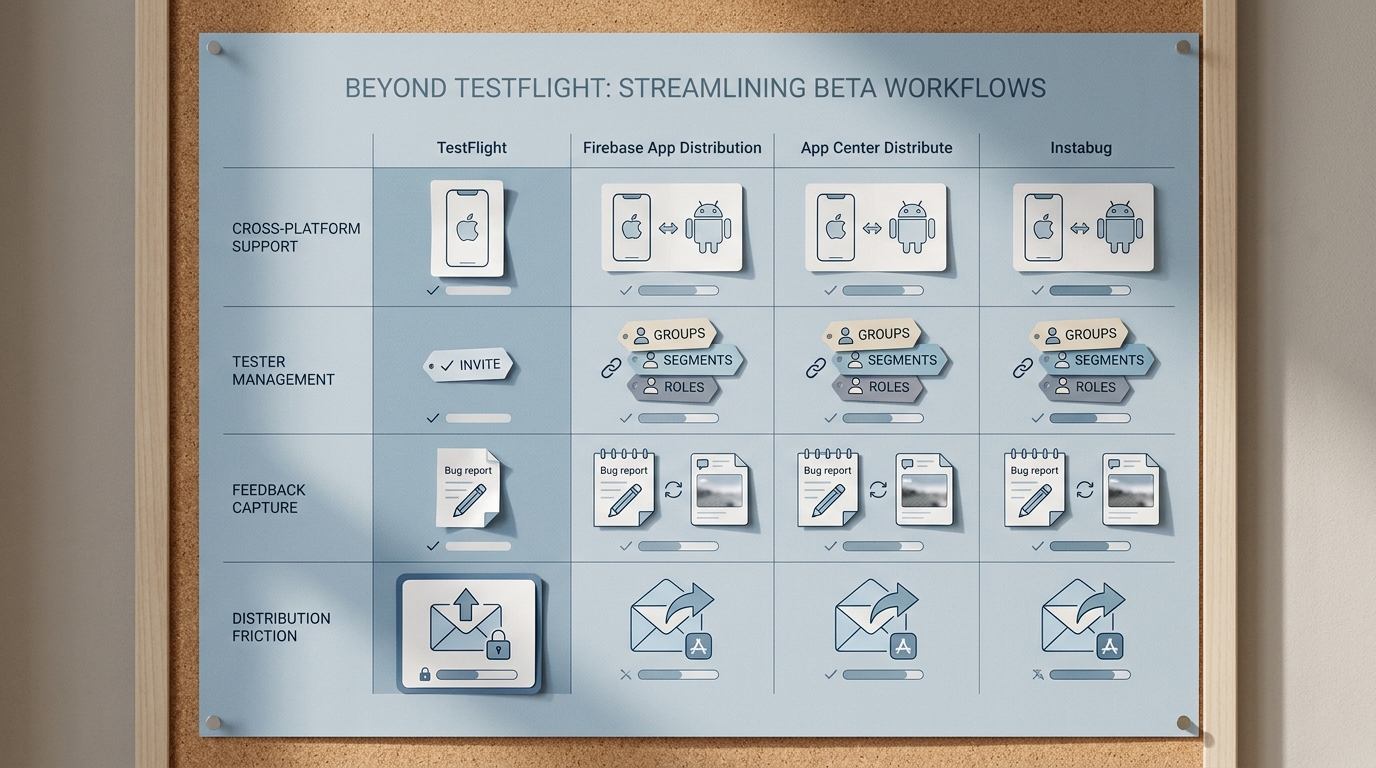 Comparison table of TestFlight and three alternatives showing platform support, tester management, feedback collection, and distribution ease.