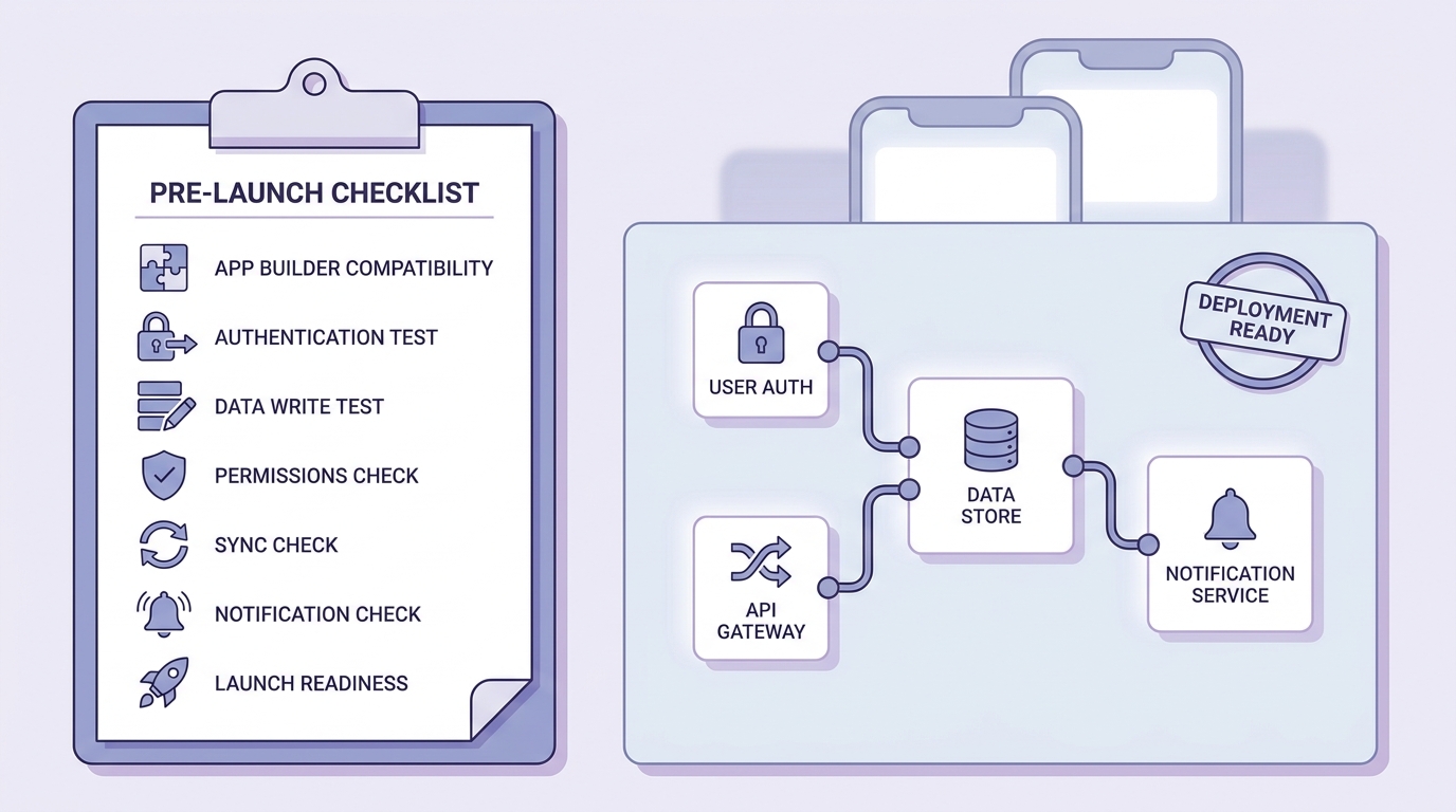 Checklist for choosing a no-code backend tool, including builder compatibility, authentication testing, data flow validation, and launch readiness.