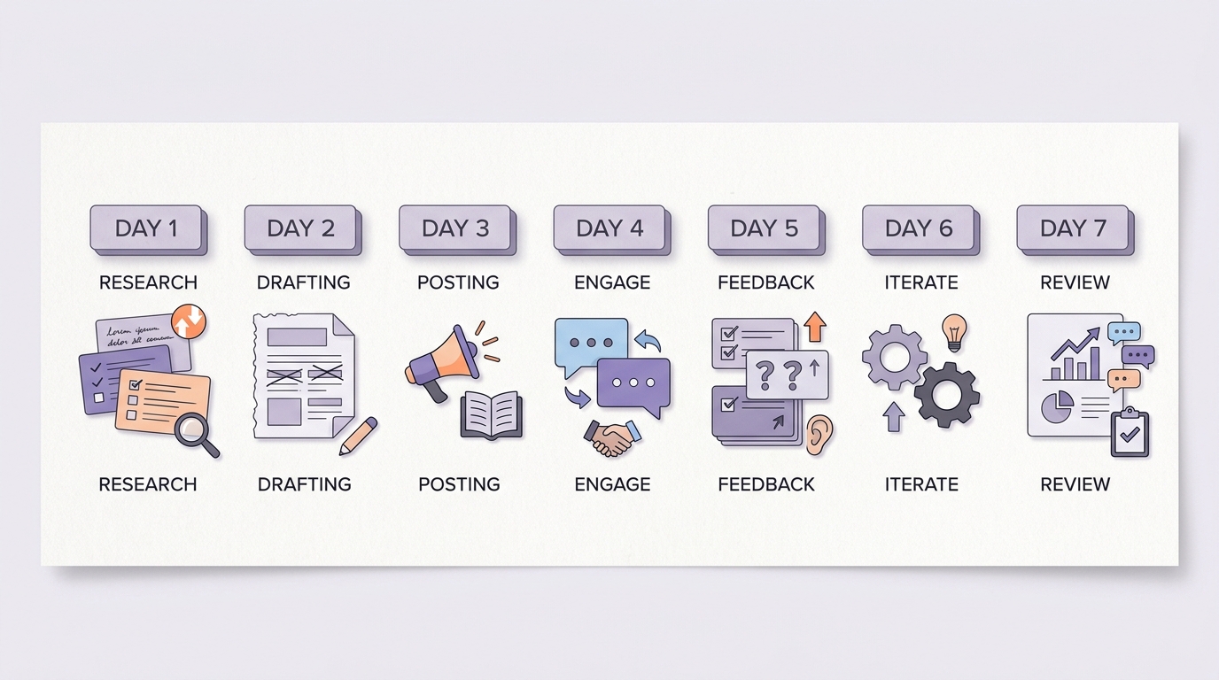 Seven-day timeline for testing Reddit posts to generate the first app downloads and evaluate community response.