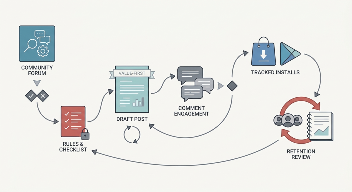 Process flow from choosing a subreddit to posting, tracking installs, and measuring retention for an app download campaign.