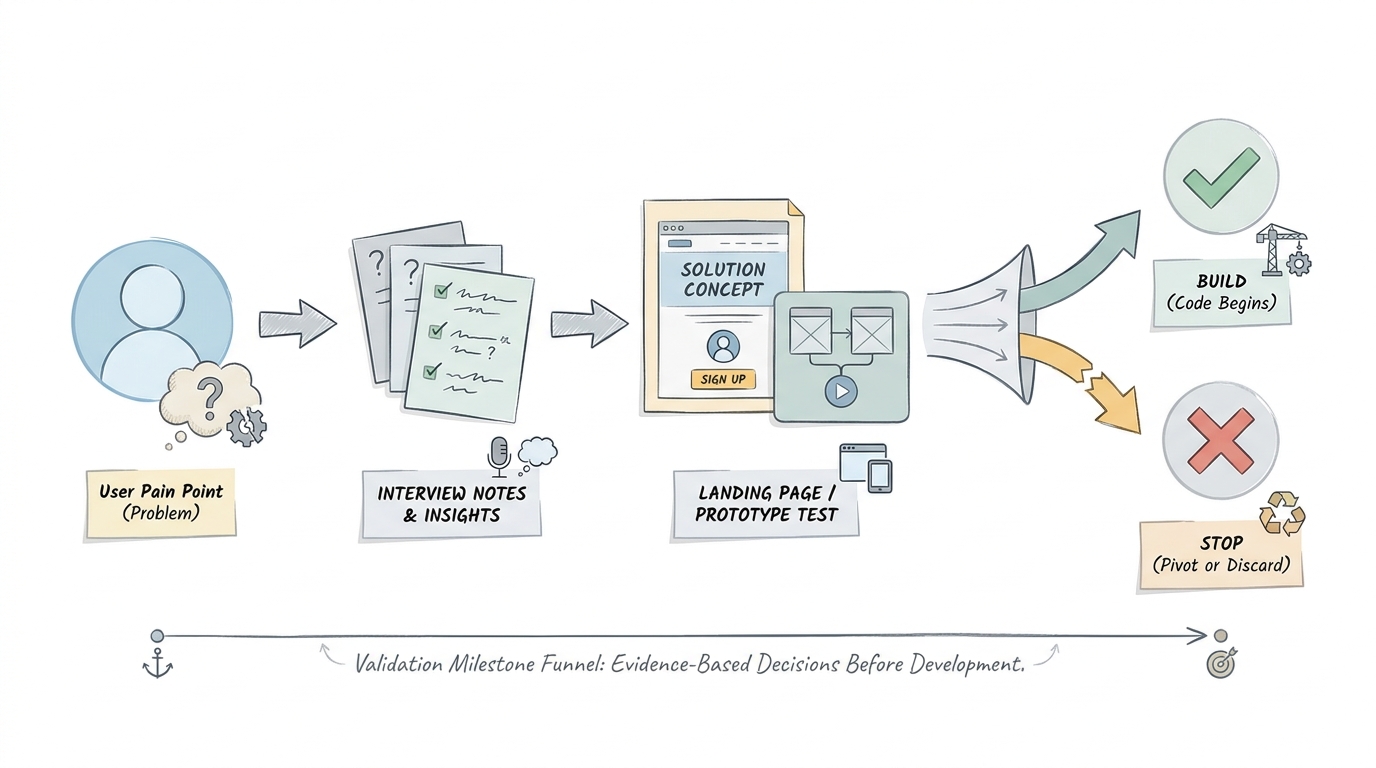 Flow diagram of app idea validation steps from user problem to interviews, prototype test, and build decision.