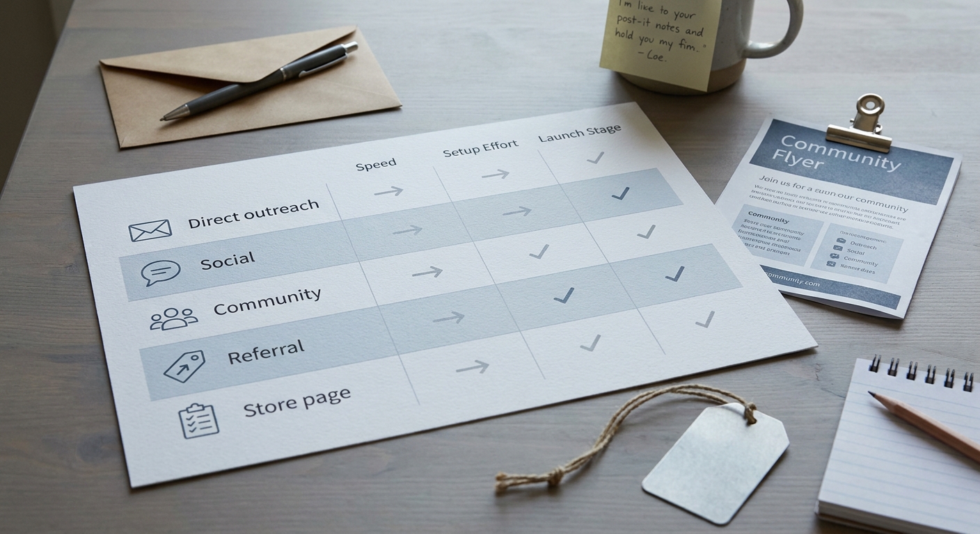 Comparison table of free ways to get first app downloads, including direct outreach, founder social posts, launch communities, referrals, and store-page optimization. Comparison table of free ways to get first app downloads, including direct outreach, founder social posts, launch communities, referrals, and store-page optimization.