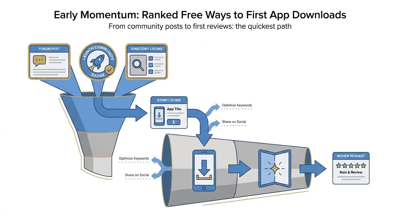 Process diagram showing how launch communities drive traffic from a post to an app store listing, then to install and first-use activation. Process diagram showing how launch communities drive traffic from a post to an app store listing, then to install and first-use activation.