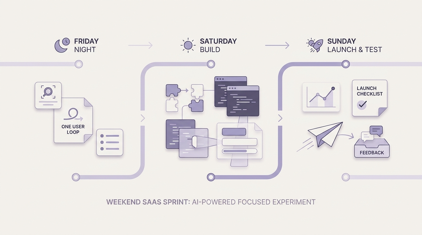 Weekend timeline for building a SaaS app with AI from scope lock to test launch.