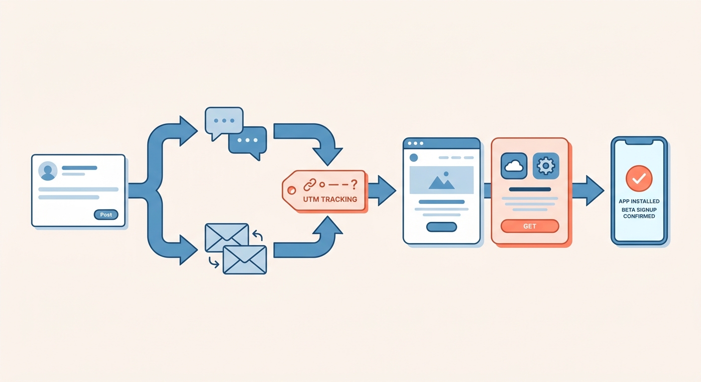 Process diagram showing how LinkedIn attention is routed into app-store traffic, signups, and installs.