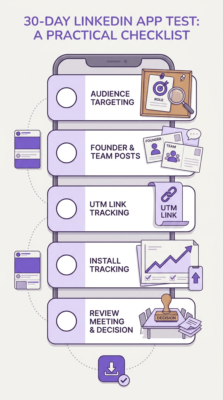 Checklist for running a 30-day LinkedIn test to promote a mobile app and measure installs or signups.