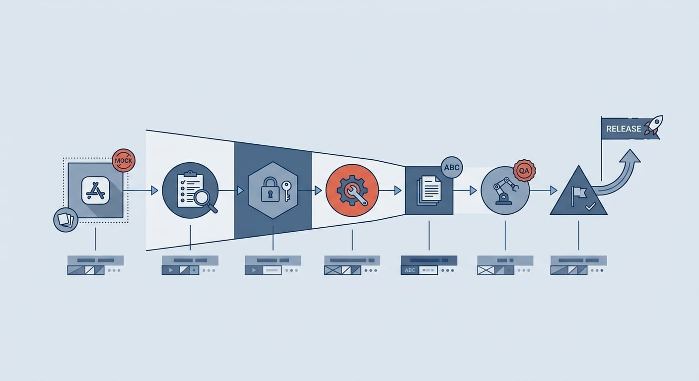 Workflow diagram showing API mocking, request testing, documentation, and release validation speeding up mobile app development.