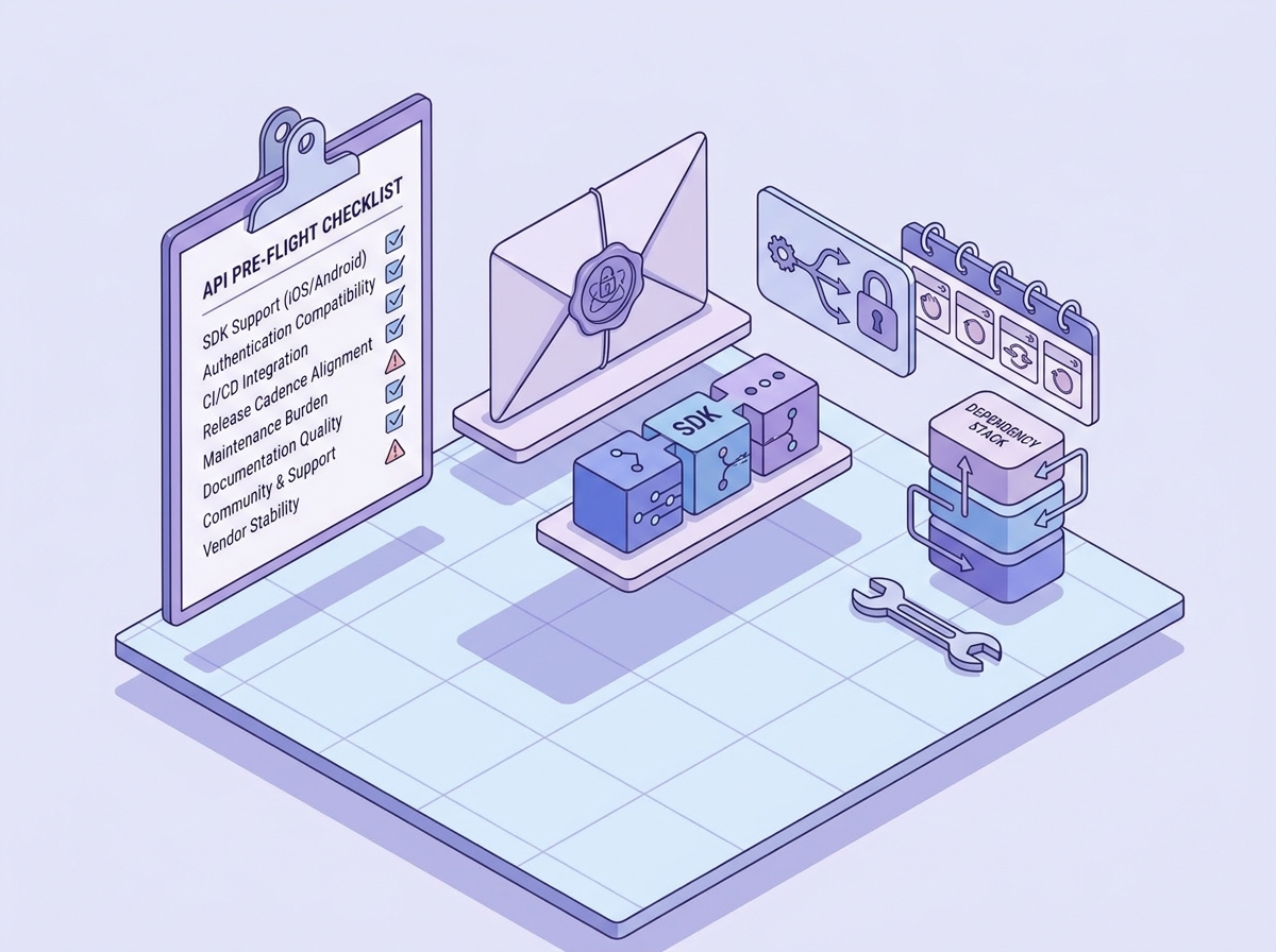 Checklist for choosing an API tool for mobile development covering SDK support, auth, CI, release cadence, and maintenance.