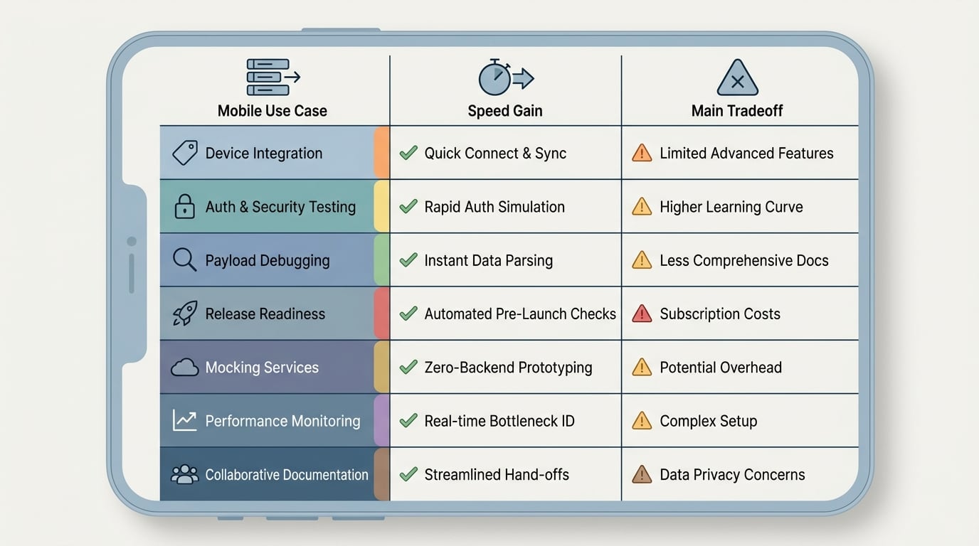 Comparison table of seven API tools for mobile development showing use case, speed benefit, and tradeoff.