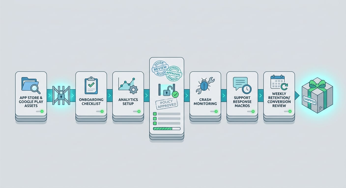 Isometric checklist block with six stacked action cards on a modular release path: audit policy folders, tighten compliance gates, queue app updates, review approval checkpoints, assign release keys, and ship only when every gate is green. The blocks use teal and cyan accents with clear depth and directional arrows.