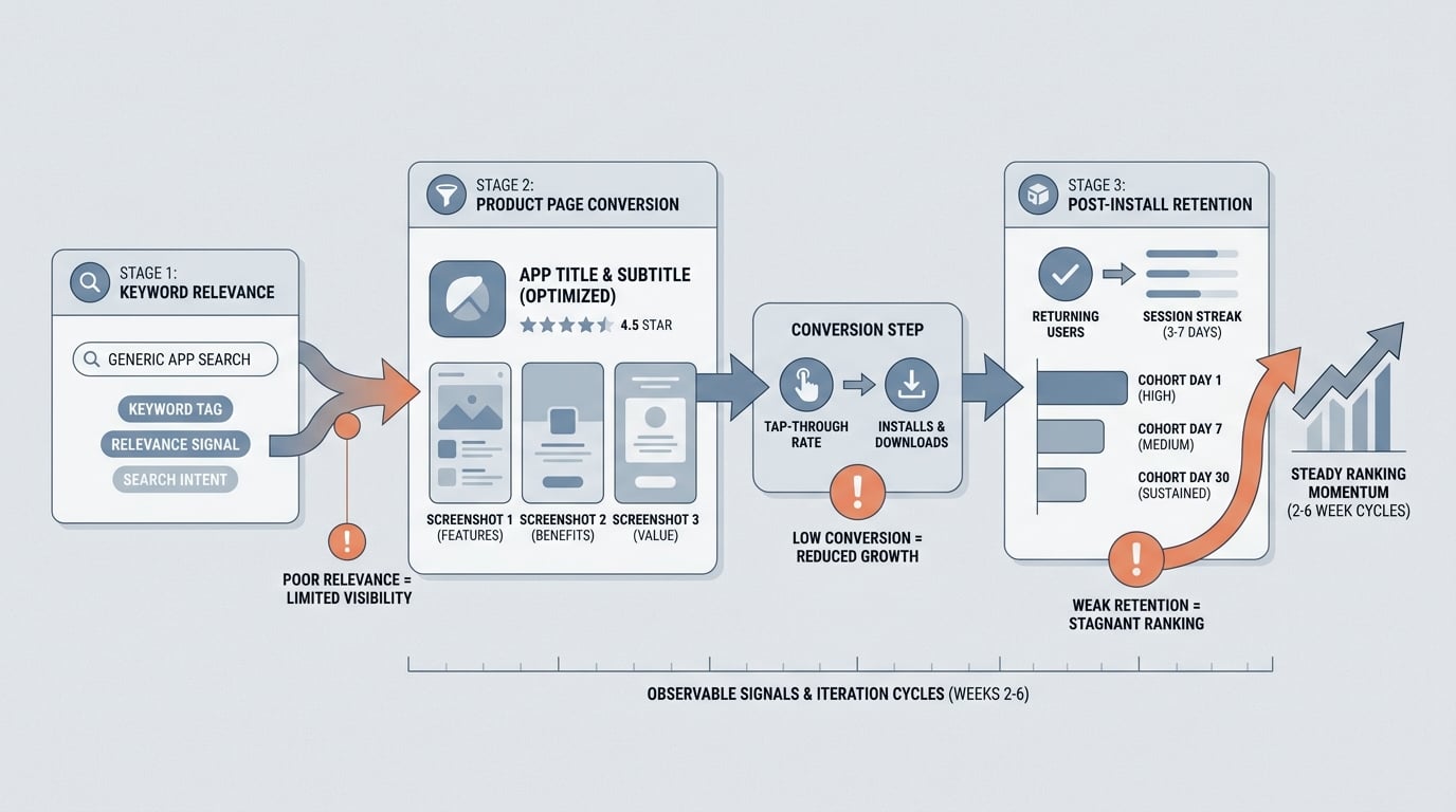 Process diagram showing how App Store ranking signals flow from relevance to conversion to retention.