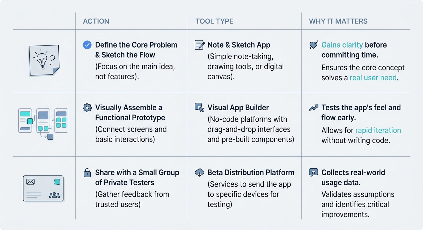 Table comparing a zero-experience mobile app workflow: idea note, no-code prototype, and private testing on App Store or Google Play. Table comparing a zero-experience mobile app workflow: idea note, no-code prototype, and private testing on App Store or Google Play.