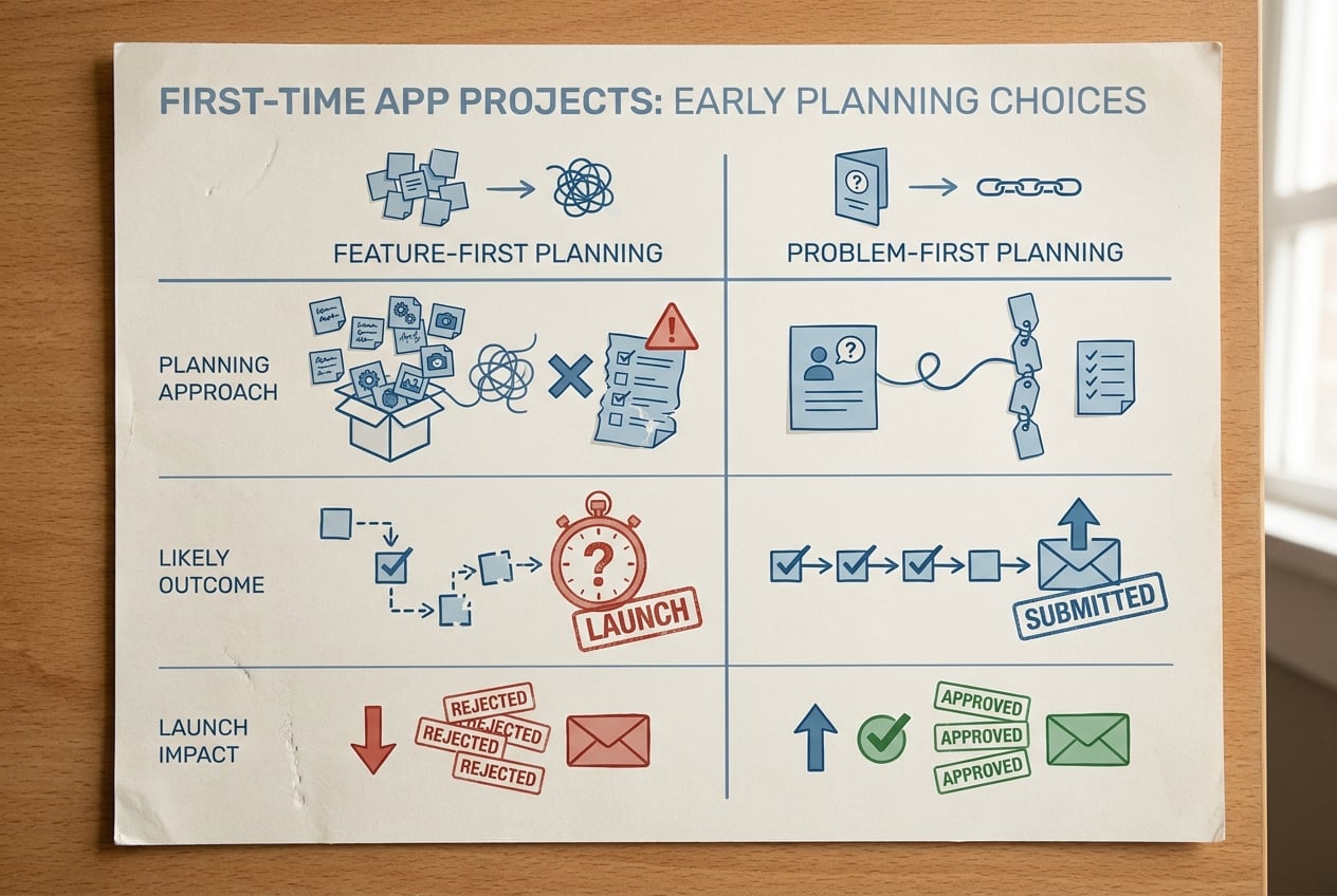 Table comparing feature-first app planning with problem-first planning for a first mobile app launch.