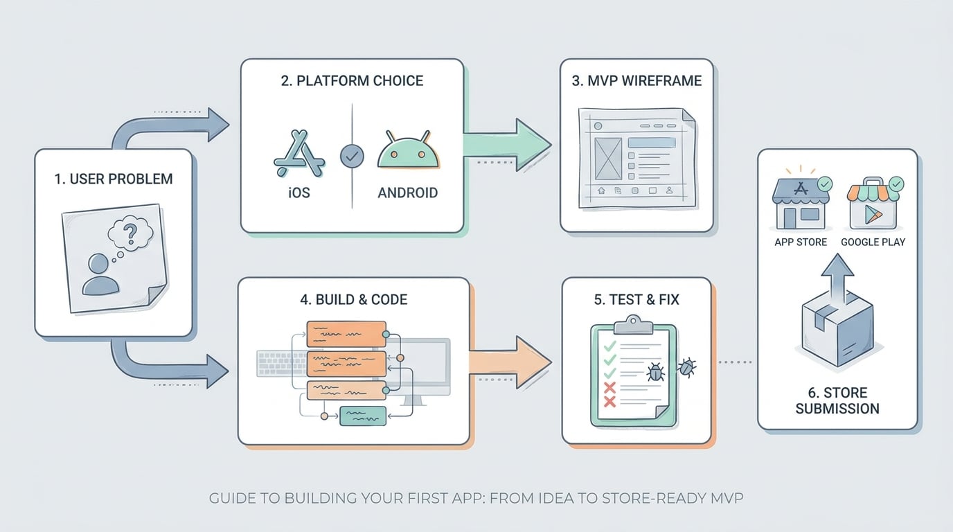 Process diagram of the first app workflow from idea validation to store submission.
