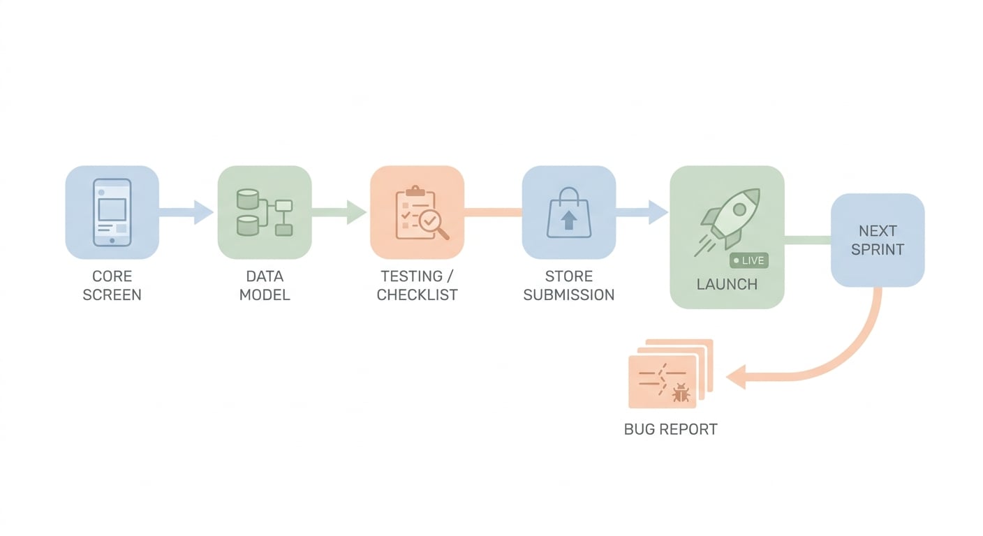 Process diagram of the app launch workflow from core build to store submission and feedback loop.