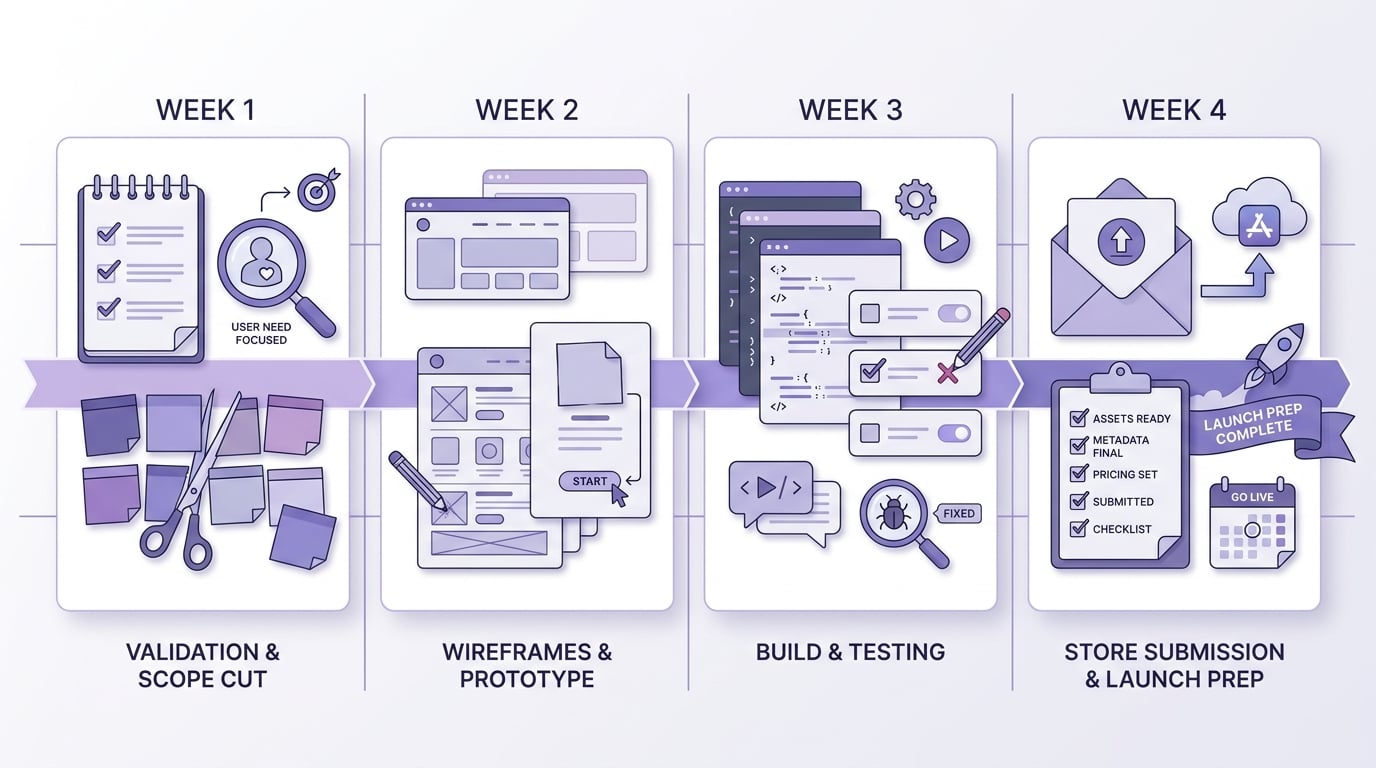 30-day app build timeline with validation, prototype, build, and launch prep milestones.