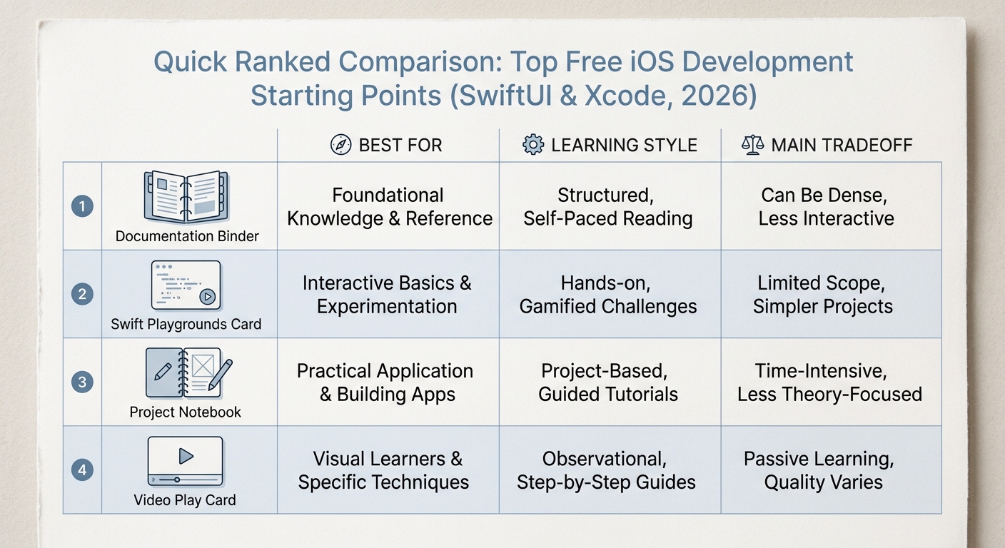 Comparison table of free iOS development learning resources in 2026, ranked by best fit and learning style