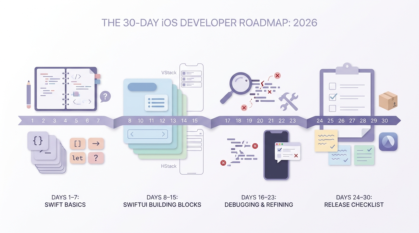 30-day timeline for learning iOS development using free resources, from Swift basics to a first SwiftUI app