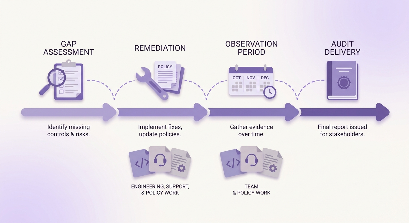 Timeline showing the SOC 2 readiness process for an app: assessment, remediation, observation period, and audit. Timeline showing the SOC 2 readiness process for an app: assessment, remediation, observation period, and audit.
