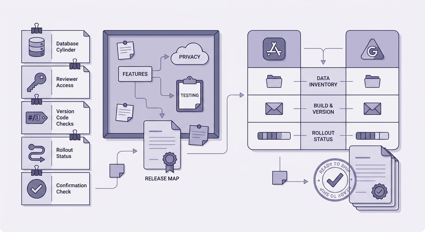 Submission readiness checklist for privacy disclosures, reviewer access, version code, and rollout status before first app store submission. Submission readiness checklist for privacy disclosures, reviewer access, version code, and rollout status before first app store submission.