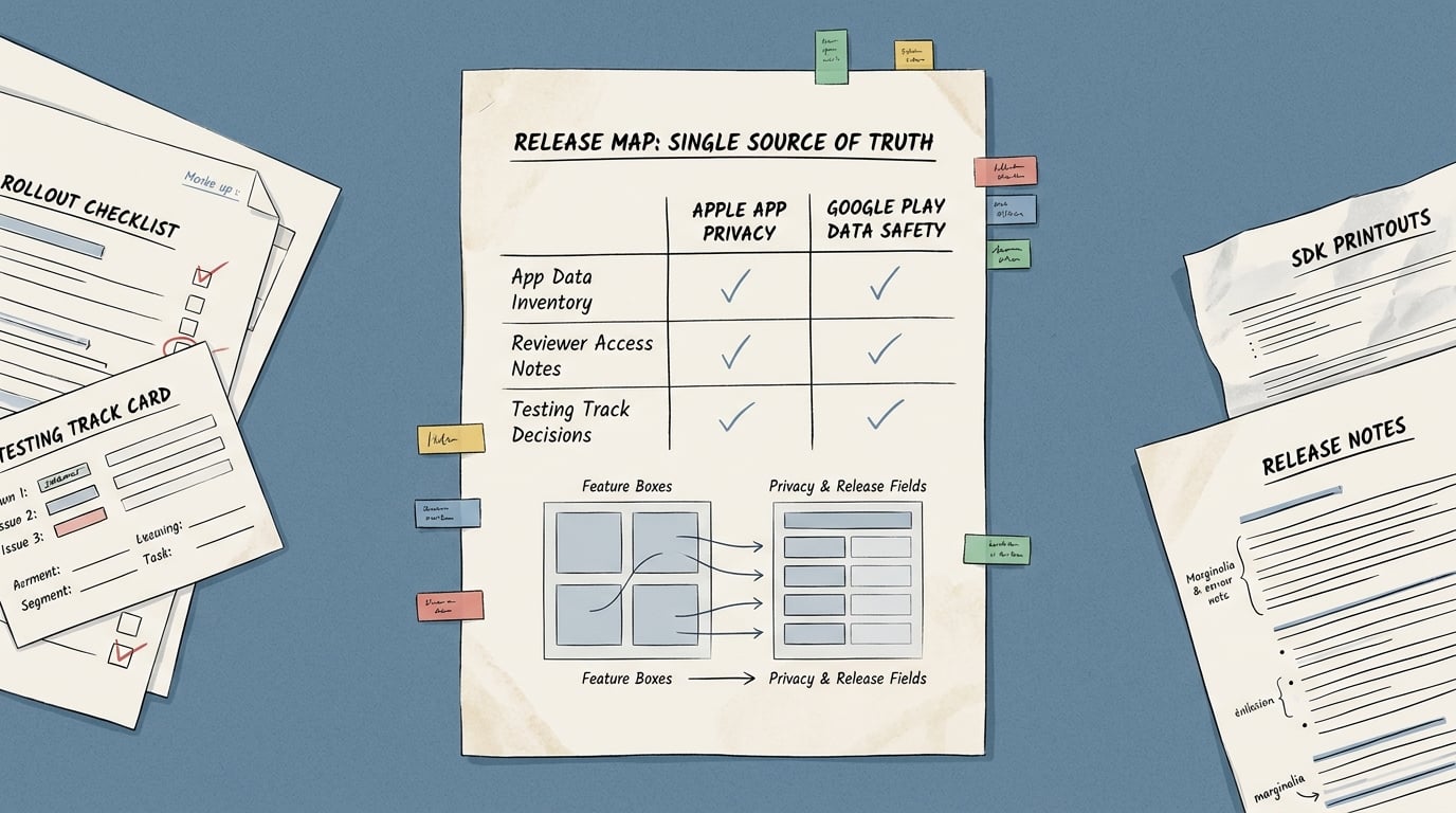 Comparison table mapping App Store privacy, Google Play Data safety, reviewer access, and testing track status to the required release map inputs. Comparison table mapping App Store privacy, Google Play Data safety, reviewer access, and testing track status to the required release map inputs.