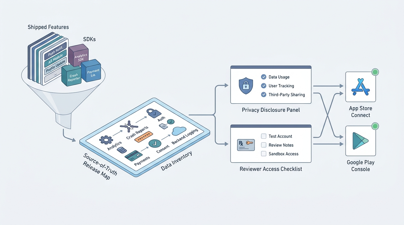 Workflow diagram showing shipped app behavior flowing into data inventory, store disclosures, reviewer instructions, and submission readiness. Workflow diagram showing shipped app behavior flowing into data inventory, store disclosures, reviewer instructions, and submission readiness.