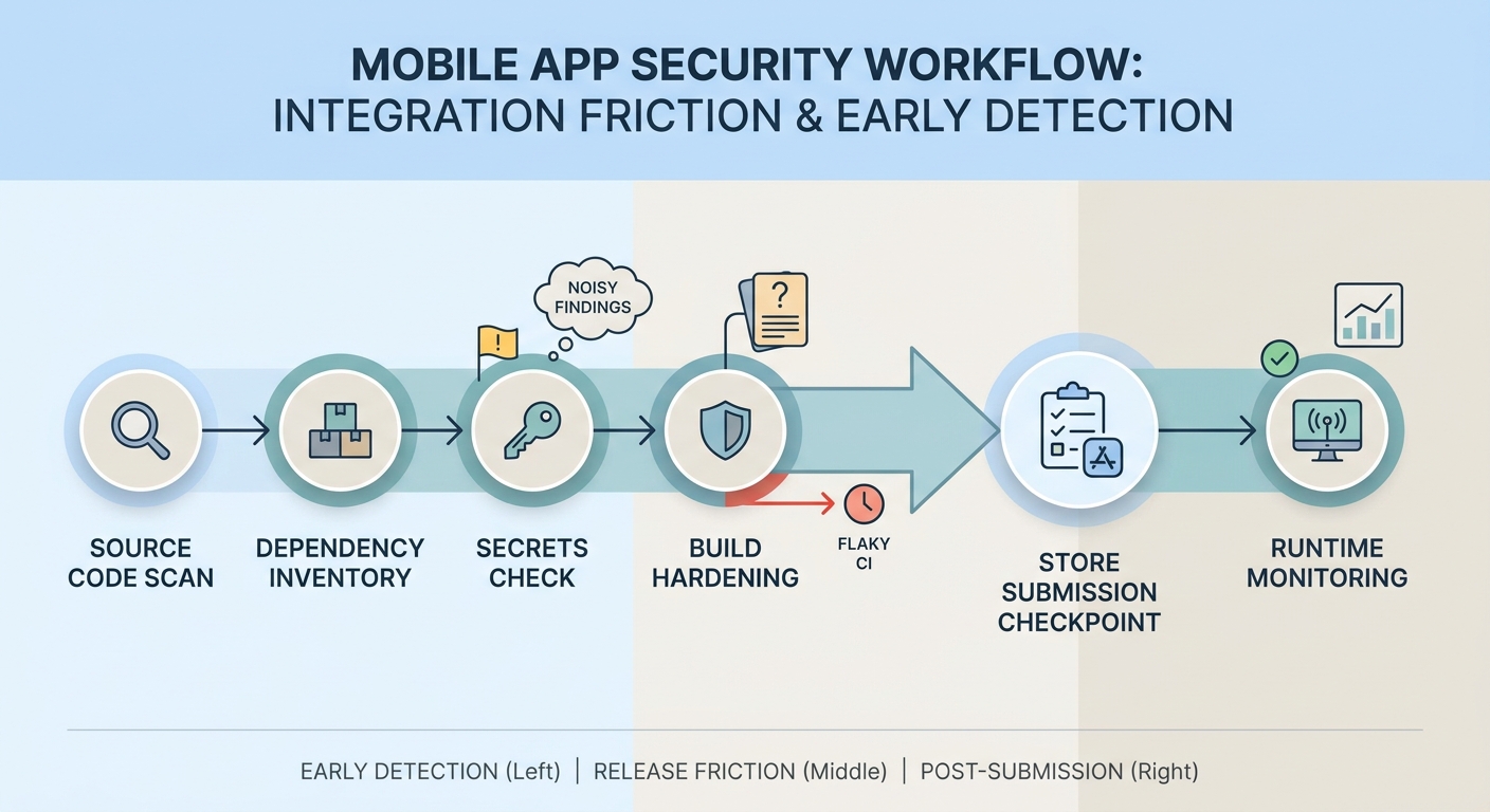 Workflow diagram of mobile app security tools placed across CI, release hardening, and runtime monitoring stages. Workflow diagram of mobile app security tools placed across CI, release hardening, and runtime monitoring stages.