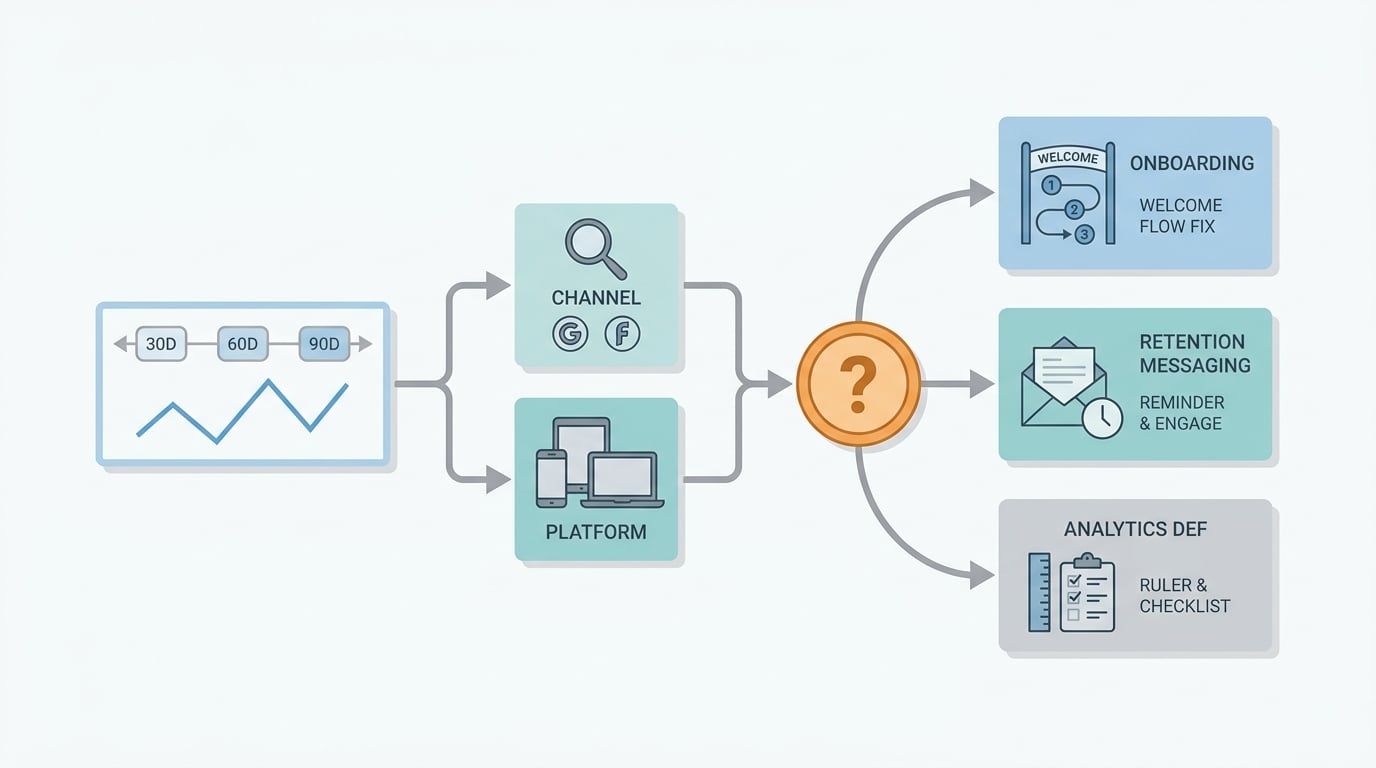 Workflow diagram for diagnosing DAU/MAU movement by trend, channel, platform, and measurement definition. Workflow diagram for diagnosing DAU/MAU movement by trend, channel, platform, and measurement definition.