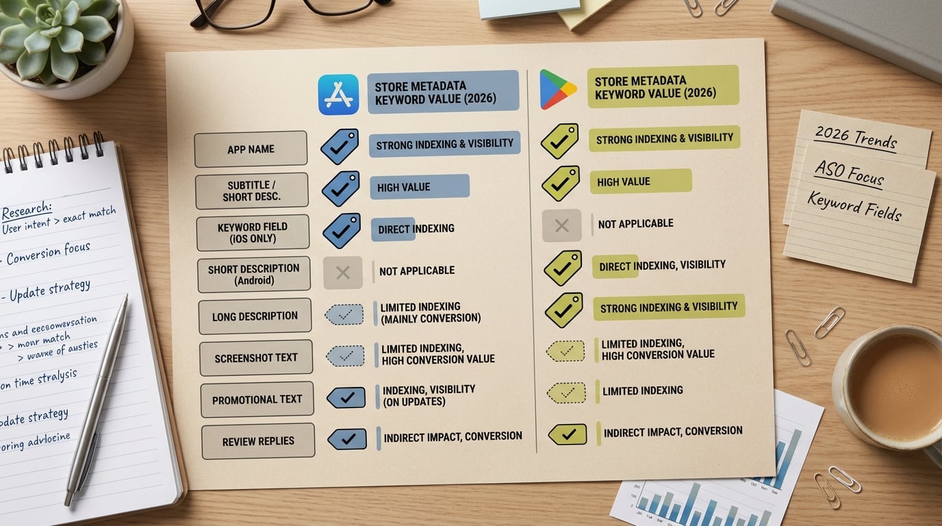 Comparison table of Apple and Google Play metadata fields and their keyword relevance Comparison table of Apple and Google Play metadata fields and their keyword relevance