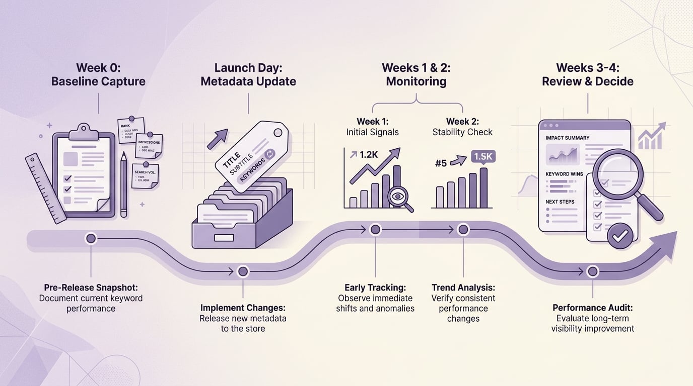 Timeline of keyword baseline, release, monitoring, and review over four weeks Timeline of keyword baseline, release, monitoring, and review over four weeks