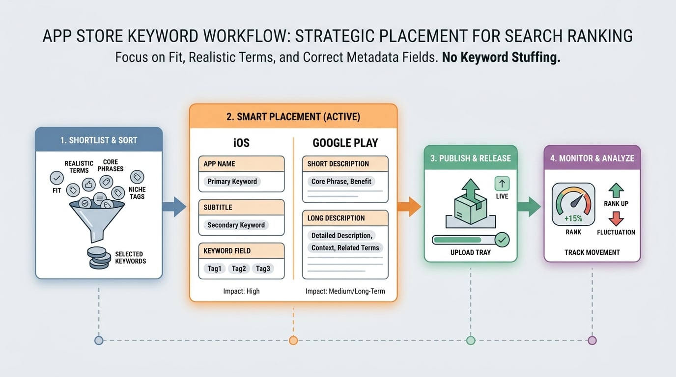 Process diagram for placing App Store keywords into Apple and Google Play metadata fields Process diagram for placing App Store keywords into Apple and Google Play metadata fields