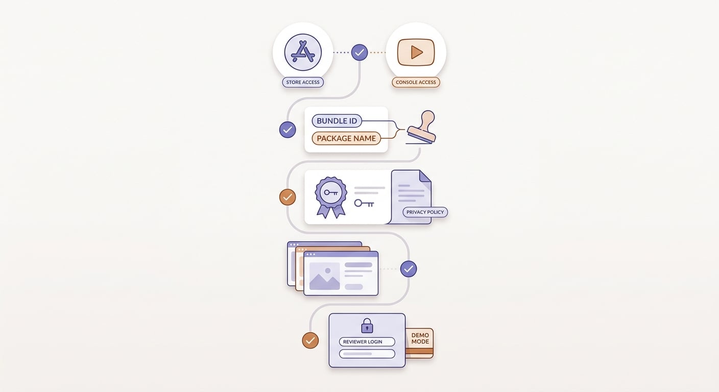 Checklist block for Dreamflow submission with account access, signing, privacy policy, screenshots, and demo login items. Checklist block for Dreamflow submission with account access, signing, privacy policy, screenshots, and demo login items.