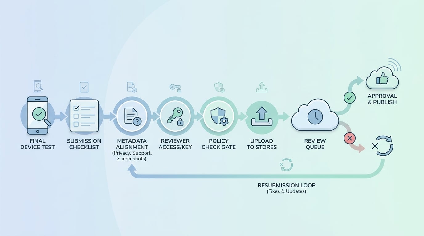 Process diagram of Dreamflow app submission from final testing to upload, review, and approval or resubmission. Process diagram of Dreamflow app submission from final testing to upload, review, and approval or resubmission.