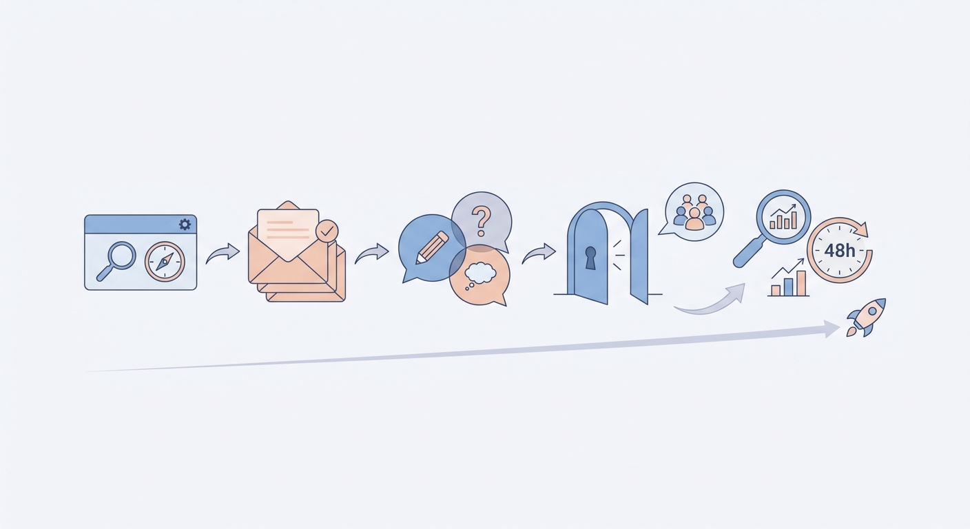 Flow diagram for launching a social app from niche definition to seeded conversations and first member activity.