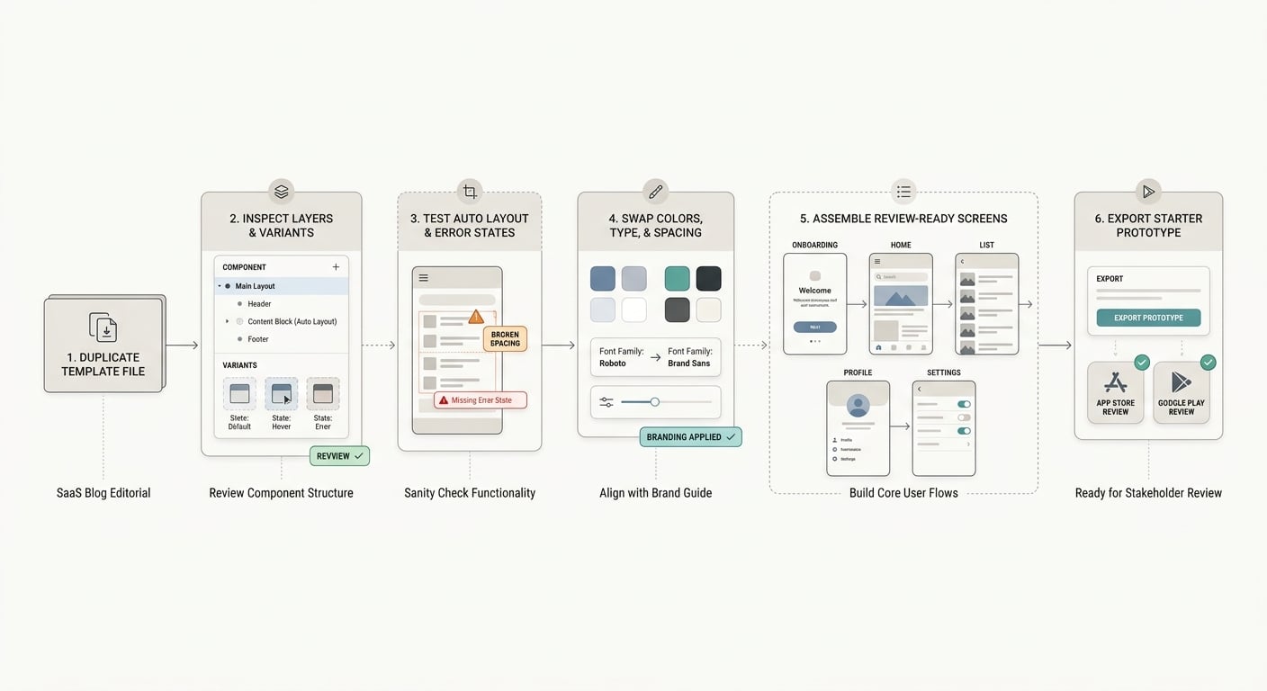 Workflow diagram for turning a free Figma mobile app template into a branded prototype.